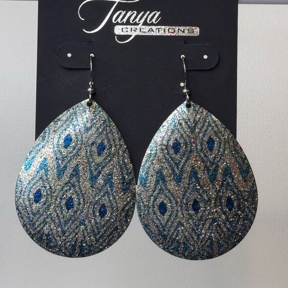 Blue and Silver Teardrop Earrings 2.5 inch - Picture 2 of 4